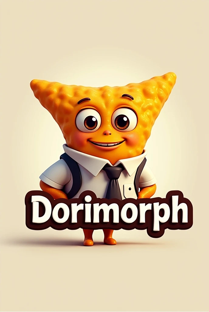 Create a logo of an animated Dorito that is a computer engineer, with "Dorimorph" written below it in a catchy way for selling chips.