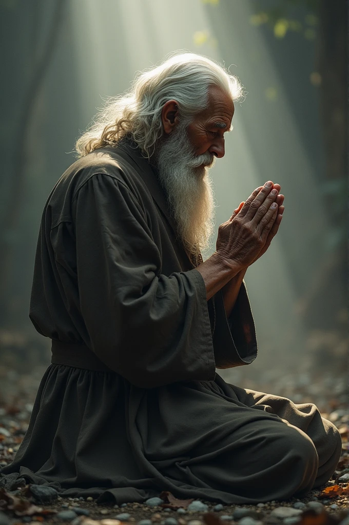 Create a 130-year-old man praying to God. 