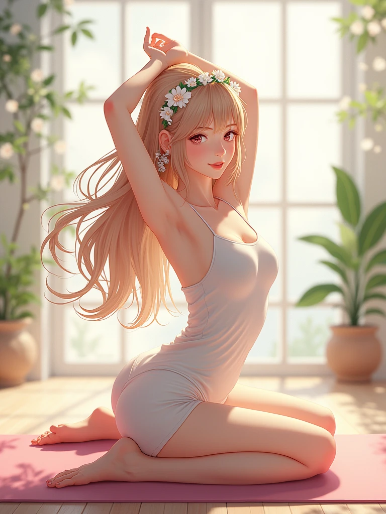 A pretty girl, 1 girl, stretching, on a yoga mat, in an exercise room, full body pictures, realistic anime version, fantasy, pretty face, long hair, flowers headband