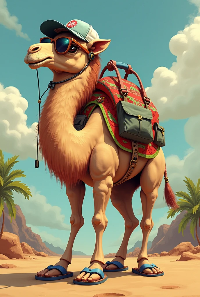 Camel 2D mixed with human for coloring, sunglasses, cap, chinelo, earphone