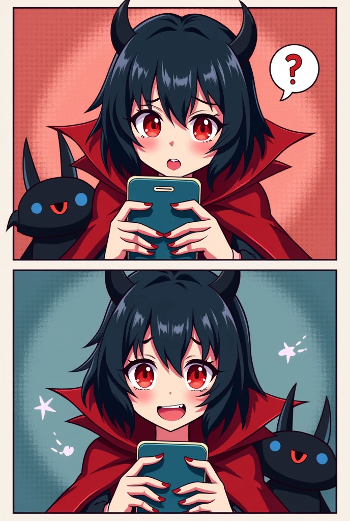 (masterpiece, best quality:1.2), comic, 2 panels, (2comic panels, dot halftone, flat color), BREAK, 1girl, black hair, red eyes, vampire girl, wearing red cloak, bat as a pet, scrolling on smart phone, BREAK, (panel one saying text "What is hentai?" with curious face, panel two saying text "O-Oh..." with a flushed face)
