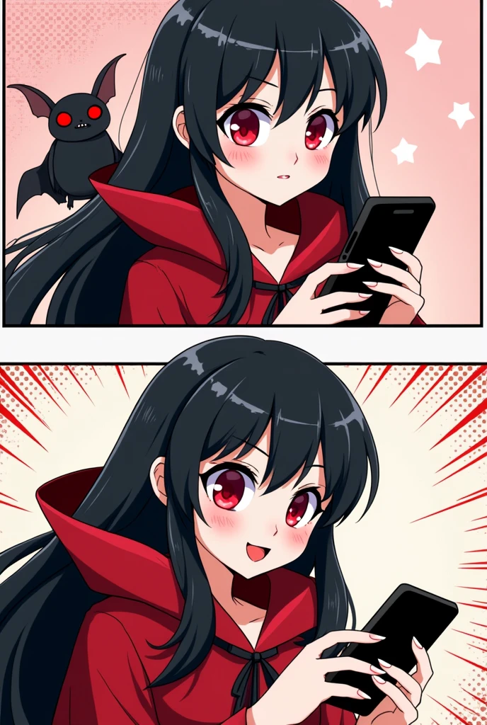 (masterpiece, best quality:1.2), comic, 2 panels, (2comic panels, dot halftone, flat color), BREAK, 1girl, black hair, red eyes, vampire girl, wearing red cloak, bat as a pet, scrolling on smart phone, BREAK, (panel one saying text "What is hentai?" with curious face, panel two saying text "O-Oh..." with a flushed face)