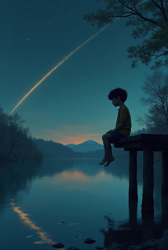 Creates a boy on the edge of a bridge on a lake, the boy is sitting on the bridge reflecting himself and looking at the lake water, water reflects stars shooting star