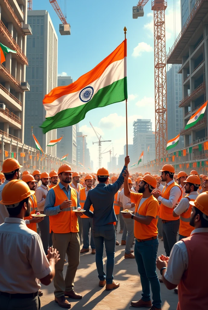 Construction worker and civil engineers celebrate the Indian independence day function at ours working place