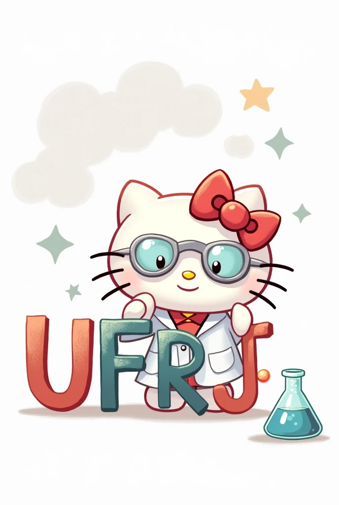 Hello kitty scientist with a white background with the words 'UFRJ' written very large in a cute cartoon style.