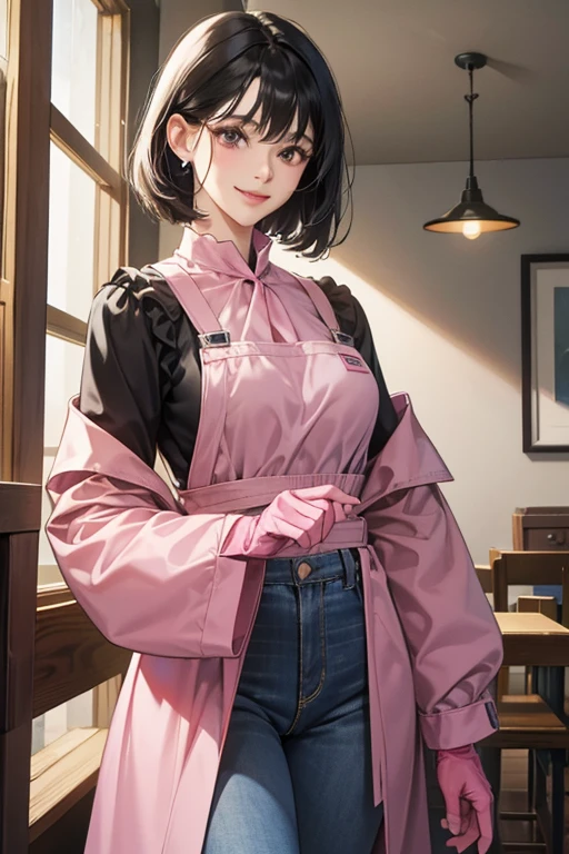 He wore jeans and a long-sleeved smock.、A mature woman with short black hair, Put on big pink rubber gloves、Smiling gently in the room　