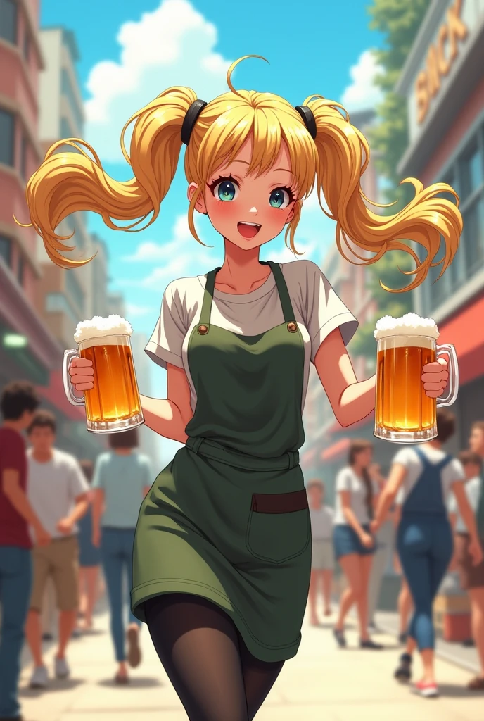 24-year-old wealthy young lady。Blonde。With a slender figure、Wearing an apron and a sling。With a beer mug in each hand、Please draw an anime style of someone running around busily.。
hair style ：twin drill