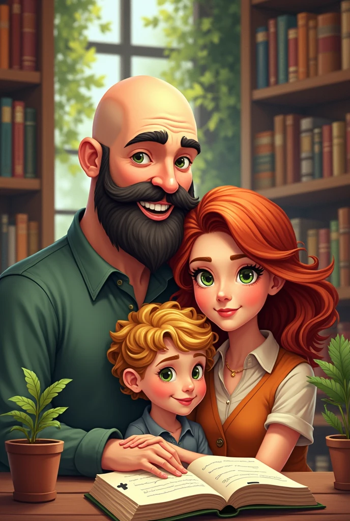 a family in a bookstore.
The father is tall, offwhite, calvo, black beard, green eyes
the mother is white, has auburn hair, straight without bangs and is parted in the middle and her eyes are green
the daughter is already an adult woman, Caucasian skin, has green eyes and her hair is curly and blonde.
sticker style illustration