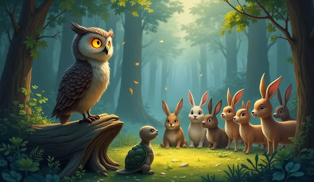 The owl telling a story to a rapt audience of forest animals like deer , rabbits and birds  , with Ramu  the tortoise in the foreground.