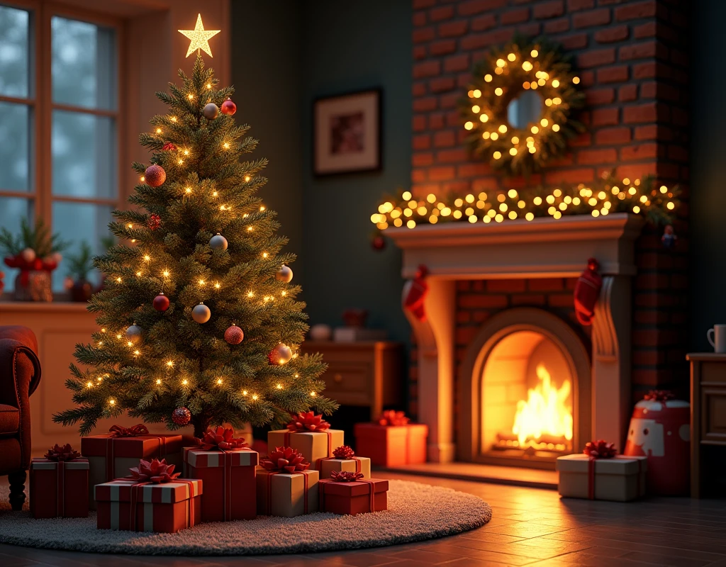 Christmas tree, gifts under the tree, a fireplace