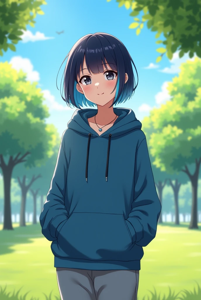 1girl, bangs, (dark blue hair:1.4), multicolored hair, necklace, parted lips, (light grey eyes:1.3), grey irises, short hair, smile, solo, (blue hoodie: 1.2), (grey sweatpants), park background, bright blue sky, grassy background, trees background, hoodie jacket, (warm aesthetic clothing: 2)