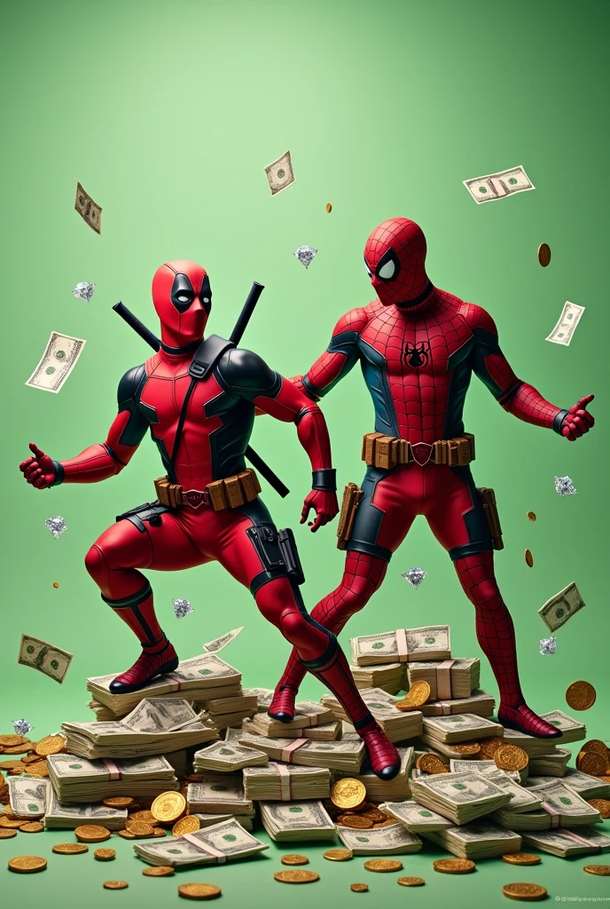 Deadpool and spiderman, dollar bills, diamonds, coins, background in light green and Uni Duni Te as the tittle and do it in 1:1 ratio