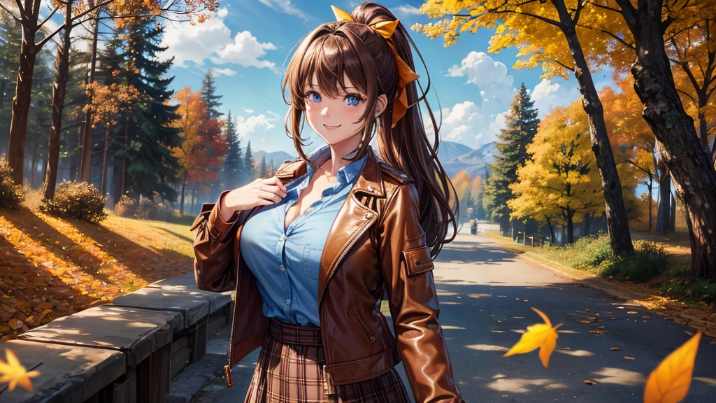 1girl, solo, trees, sun, clouds, autumn, colorful trees, falling leaves, ((brown hair)), ponytail, huge breasts, ((brown leather jacket)), button down shirt, ((blue checked shirt)), ((unbuttoned shirt)), unbuttoning buttons, cleavage 1:3, blue eyes, long skirt, brown boots, smile, happy, looking at the viewer, walking, hair ribbon, golden necklate