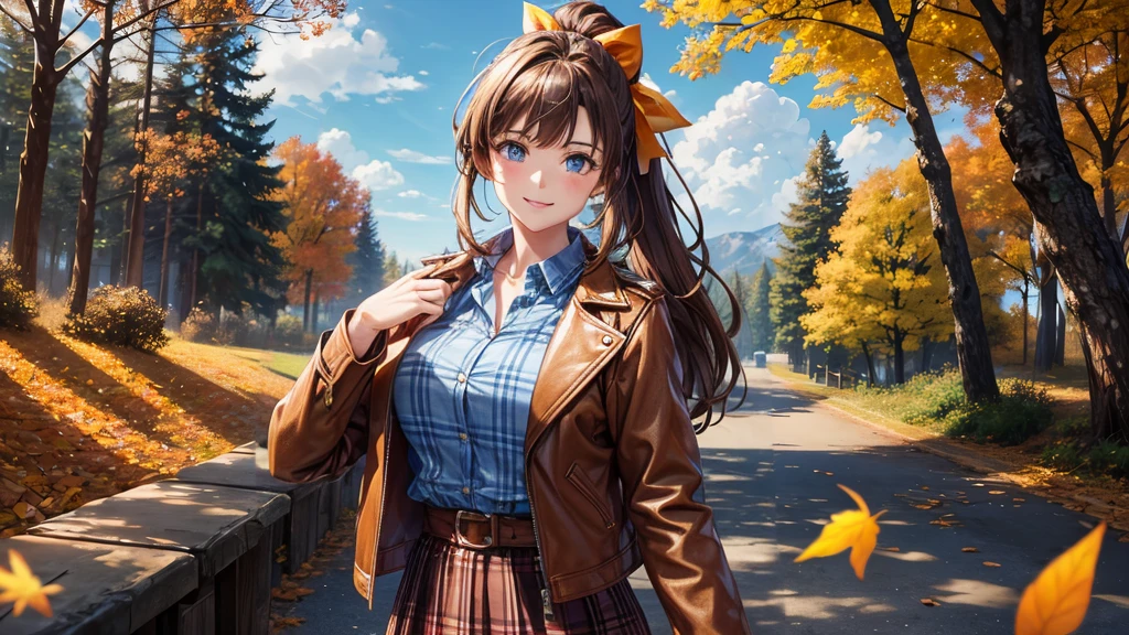 1girl, solo, trees, sun, clouds, autumn, colorful trees, falling leaves, ((brown hair)), ponytail, huge breasts, ((brown leather jacket)), button down shirt, ((blue checked shirt)), ((unbuttoned shirt)), unbuttoning buttons, cleavage 1:3, blue eyes, long skirt, brown boots, smile, happy, looking at the viewer, walking, hair ribbon, golden necklate