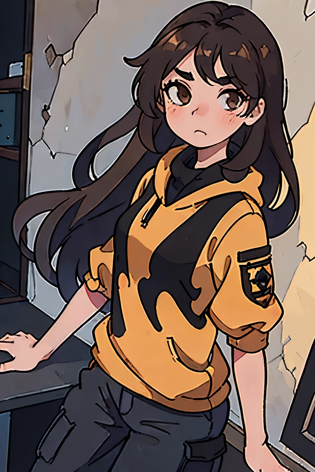 Quality/(masterpiece, best quality, 8k, high resolution, top-quality real texture skin, hyper realistic crease the resolution, RAW, photo, best quality, highly detail, the wallpaper\), anime girl\(long brown hair\(go down to her hips), brown eyes, smug expression, wear an black hoodie\(red line going down the arms), black cargo pants), pose\(looking out her window, sat against wall)