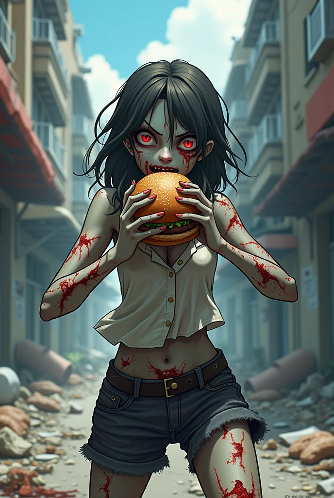 a female zombie eating a hamburger, anime style