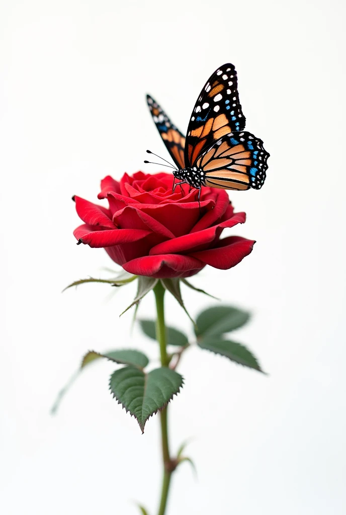 Butterfly on a rose with a white background