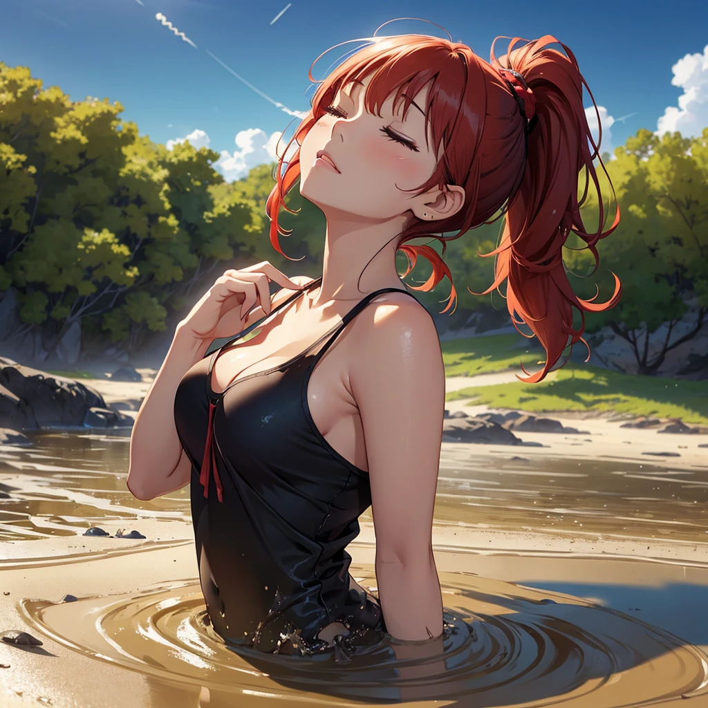 1girl, solo:1.5, masterpiece, best quality, high res, highly detailed, (illustration), beautiful detailed eyes, yuigahama yui, red hair ponytail, glossy lips, light makeup, orgasm, (looking up to the sky:1.5), intimate moment, cute tank top, visible thong underwear, cleavage, (quicksand:1.4), (from side:1.4), bog, swampy, grassy, (eyes closed:1.3), gasping