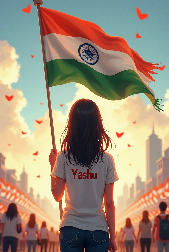 A girl facing back side holding national flag on 78th independence day and yashu is written on the back side of t shirt 
