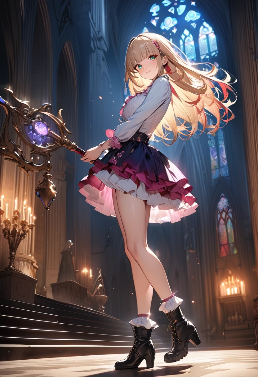 (Official art、Best Quality、Unity 8k Wallpapers、32K、masterpiece、ultra-detailliert、超A high resolution、realisitic、Photorealsitic:1.2)、(Cinematic lighting:1.2)、Fireglow effect、film grains、Best Shadows、Rim lighting、side lights、sideshot、(Ultra-detailed and complex 3D rendering)、Detailed beautiful face and eyes、Sharp pupils、Realistic pupils、A slender、1Man Woman、Medium bust、(Full body:1.2)、 Highly detailed background、beauitful face、16-year-old beautiful girl、(super detailed skin、detailed skin textures:1.3)、(Half Blonde、Colorful hair:1.3)、Blunt bangs、green colored eyeagical girl costume、white shirt、Costumes with frills、frills skirt、knee sox、(thighs thighs thighs thighs:0.8)、Black boots、(Fantastic and beautiful night sky、cathedral:1.4)、(carrying a magical staff:1.3)、(from side:1.3)、Fantastical、evil smile、I opened my mouth a little.