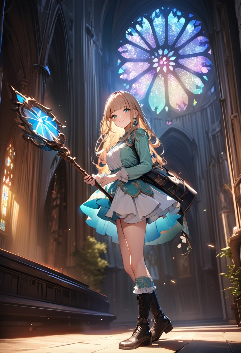 (Official art、Best Quality、Unity 8k Wallpapers、32K、masterpiece、ultra-detailliert、超A high resolution、realisitic、Photorealsitic:1.2)、(Cinematic lighting:1.2)、Fireglow effect、film grains、Best Shadows、Rim lighting、side lights、sideshot、(Ultra-detailed and complex 3D rendering)、Detailed beautiful face and eyes、Sharp pupils、Realistic pupils、A slender、1Man Woman、Medium bust、(Full body:1.2)、 Highly detailed background、beauitful face、16-year-old beautiful girl、(super detailed skin、detailed skin textures:1.3)、(Half Blonde、Colorful hair:1.3)、Blunt bangs、green colored eyeagical girl costume、white shirt、Costumes with frills、frills skirt、knee sox、(thighs thighs thighs thighs:0.8)、Black boots、(Fantastic and beautiful night sky、cathedral:1.4)、(carrying a magical staff:1.3)、(from side:1.3)、Fantastical、evil smile、I opened my mouth a little.