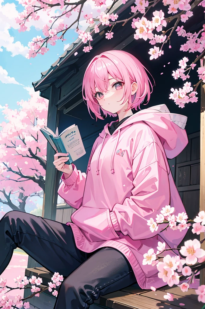 sitting under a cherry blossom tree reading a book、Pink short hair、wearing a pink hoodie and black pants、youth、man、