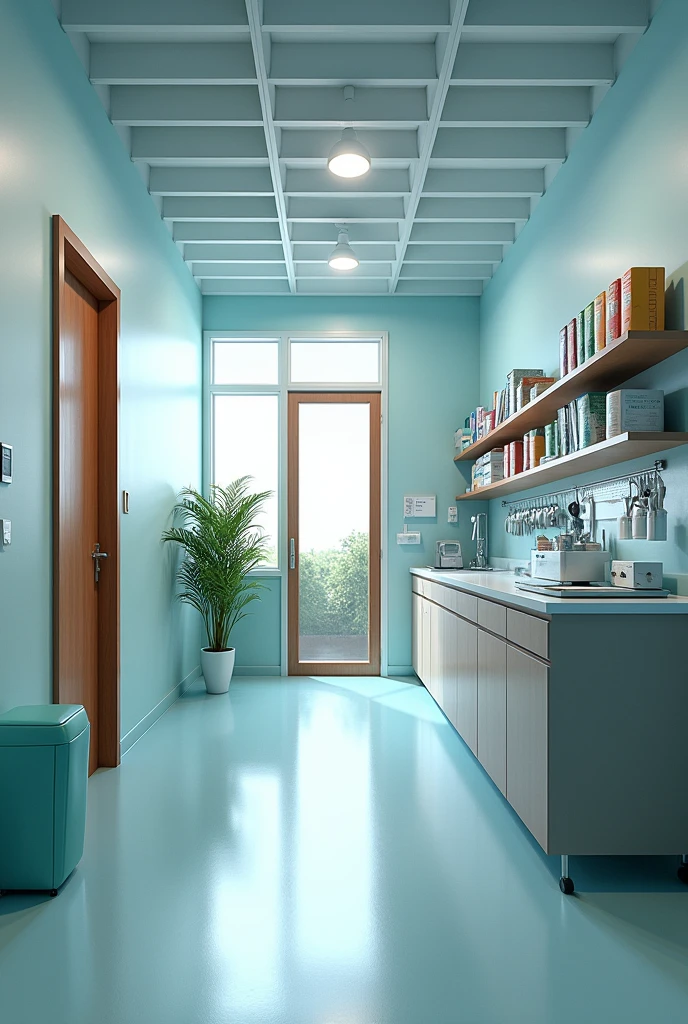Generate a list of materials and supplies that an animal health business would need., that is based on the interior construction design