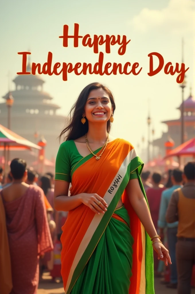 A real 2 joyfully celebrates Indian Independence Day. she is wearing traditional Indian tricolor sareewith the name "ROSHNI" written on her attire. Above her, in the sky, the words "Happy Independence Day" are displayed in a bold font. The backdrop is filled with people celebrating, enhancing the festive and patriotic spirit of the day.make sure text should be correct.