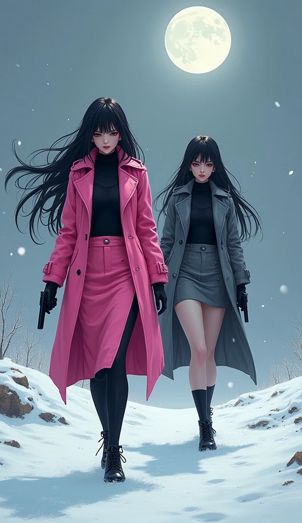 Two girls, long black hairs, yuri, Vampire Hunters

The first girl wear a pink long coat, black shirt, pink pencil skirt, black underpants, black tights, black gloves, black socks, white sneakers high top.

The second girl wore a grey long coat, black shirt, grey pencil skirt, black underpants, black tights, black gloves, black socks, white sneakers high top.

holding a handguns, walking on the snow foggy, snowing, grey blue sky, moon, cartoon novel, 4K, HD