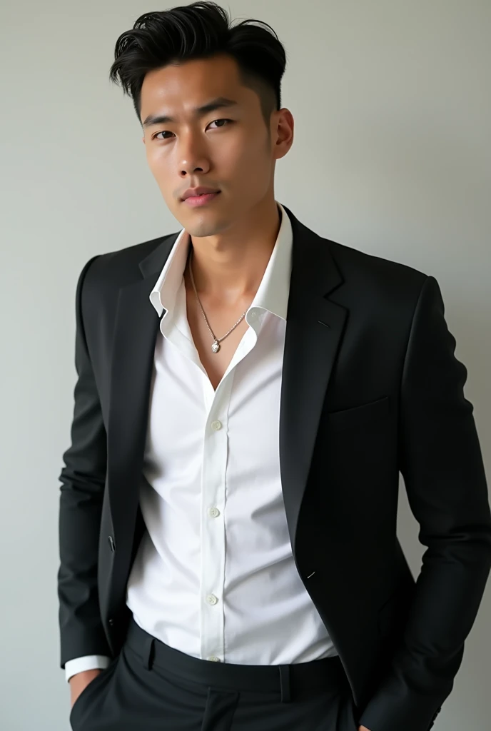 man Model Asian model wears a white ship neck shirt, wearing dark blazer, necklace wearing outside the shirt.