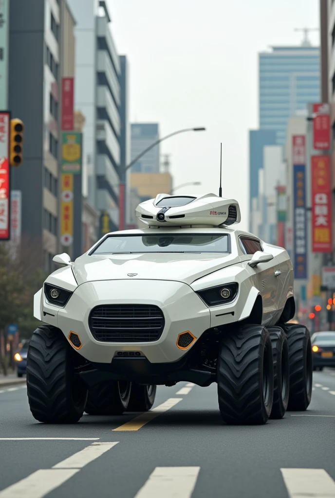 Neko-Nabe Armored Tank, armored tank with an oval iron pot motif, super vehicle, Fully air conditioned, six-wheeled off-road vehicle, monster truck, futuristic curvaceous car body, pure white car body, BREAK, running through the city during the day, obey traffic rules, there are four kittens on board, vulcan gun coming out from the front of the vehicle, big cat cushion fired from a vulcan cannon,