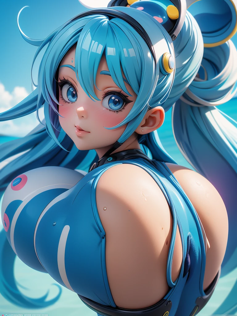 Close up of cartoon image of woman with big butt, Sexy woman in wetsuit anime style image, fofosexyrobutts, backlit,  blue hair, [ Arte digital 4K ]!!, realistic shaded perfect body, Bright white skin, exhibitionism, perfect art of nudity.