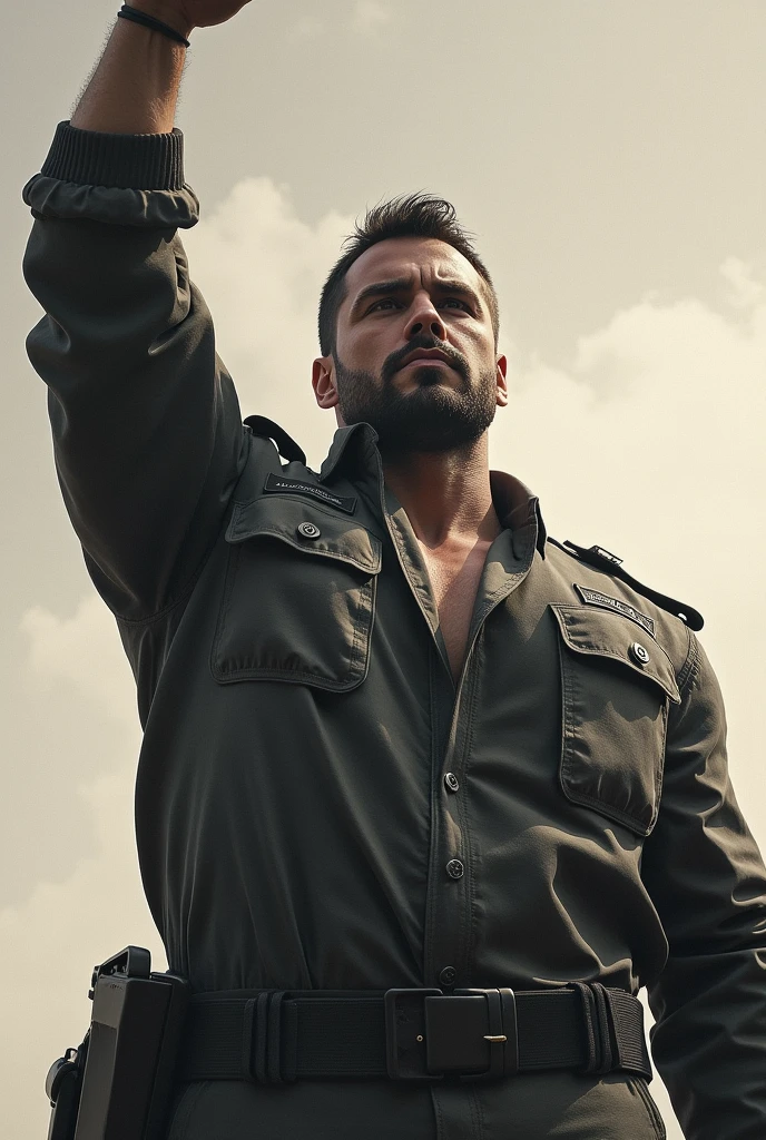 man looking straight ahead with his right arm raised