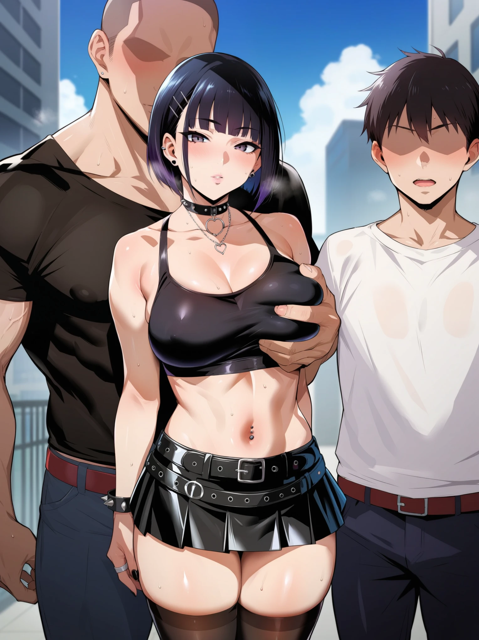 source_anime, rating_explicit, score_9, score_8_up, score_7_up, black_hair, goth, gothic, short_hair, looking at viewer, crop top, skirt, thighhighs, black clotges, goth girl, ikuchan, 2boys, mmf, standing side by side, faceless male, ), muscular male, ((size difference)), clothed, gyaru fashion, breast grab, cuckold pov, ((netorare)), ntr, cuck, cuckolding, ((light skinned male)), ((cuck))