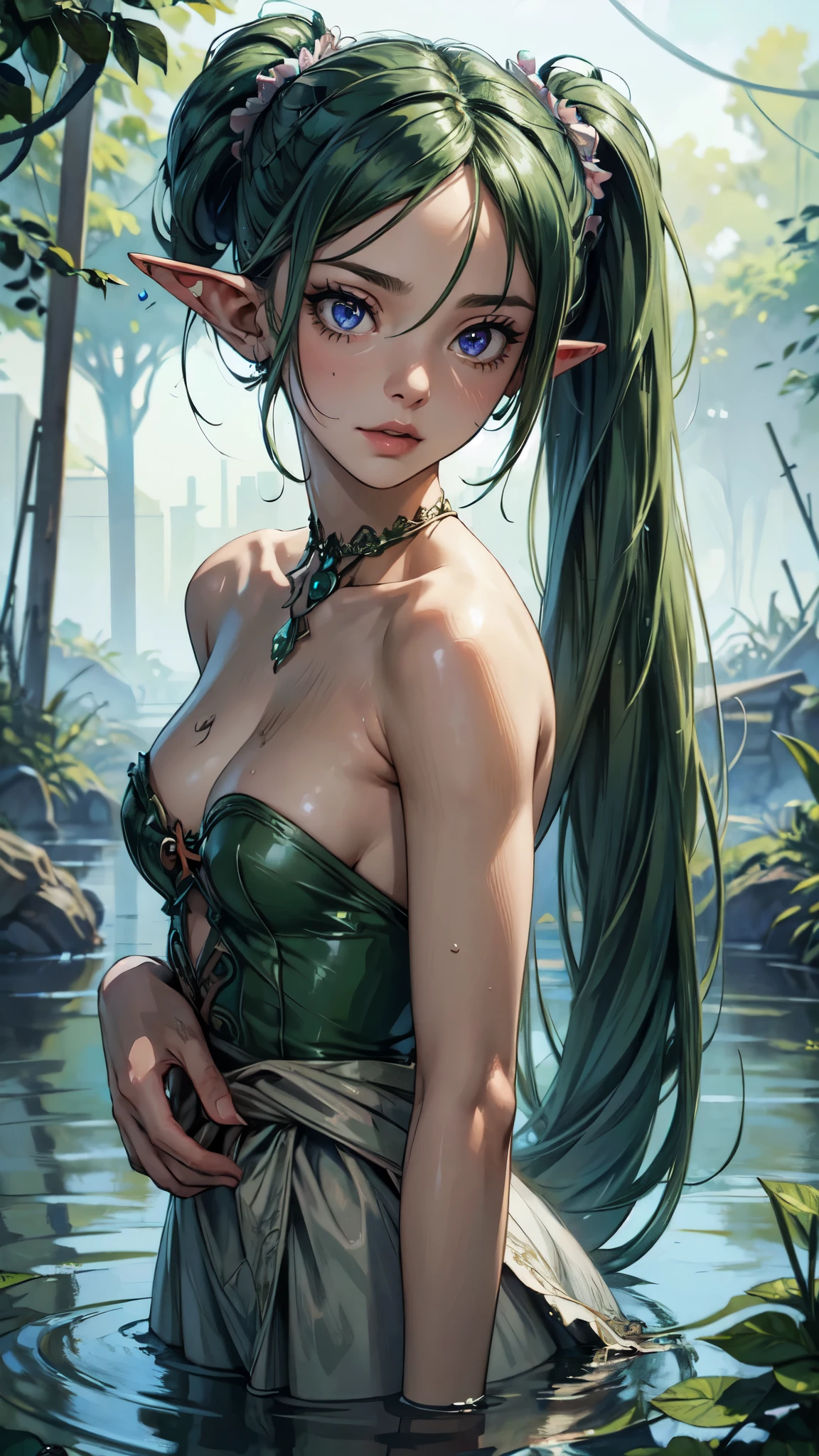 (best quality:1.3),(masterpiece:1.3),(illustration:1.3),(ultra-detailed:1.3),(imid shot:0.9),, , , 1girl,solo,very young,upper body,short neck,small breasts,, , from side,from below,close-up,, , , purple eyes,jewel-like eyes,extremely detailed eyes,extremely detailed face,(seductive smile:0.8),(open mouth:0.3),, , , filthy stream, murky water, garbage floating, rotting stench, haunting melody, scattered syringes, polluted mystery, abandoned tranquility, forgotten path, pebbled riverbed , twintails, maid,green hair,detailed face, detailed eyes, detailed handssexy woman,elf girl, full body