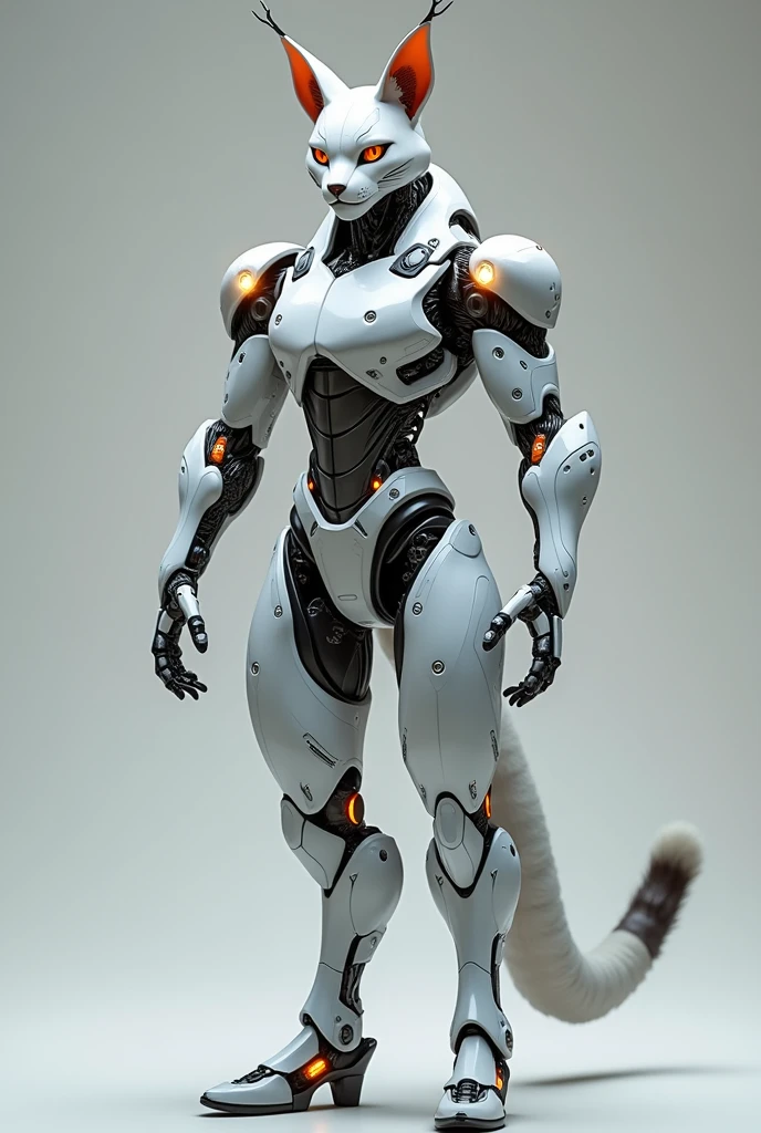 An advanced bionic mech, cybrog, anthro, Caracal, male, white body, silver torse, shiny, full body, Muscle, Delicate face, Delicate eyes, (1 tail), (glowing LED:1.1), energy, digitigrade