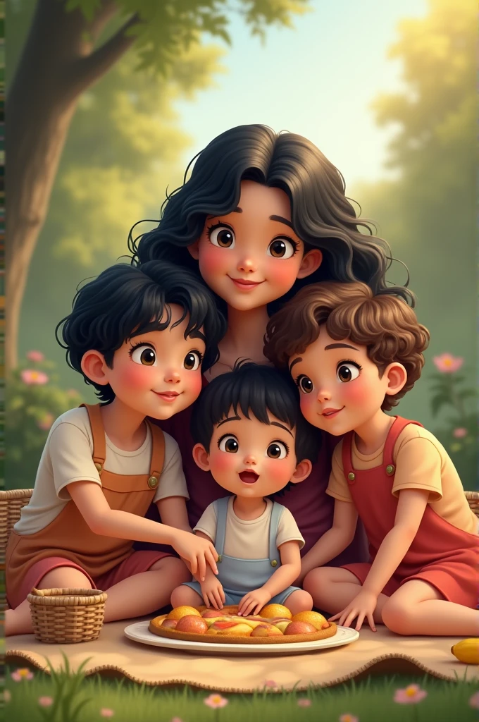 A picture with 4 brown children , the oldest one is about with wavy black hair, the 5 year old witht black hair, the 3 year old with curly ir, and the 1 year old with very short hai their black mother with wavy black hair, a bit chubby, at a picnic