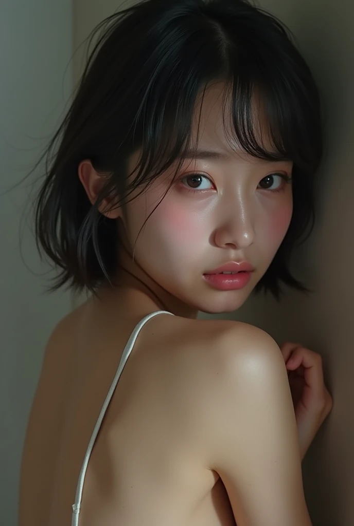Create an image of a realistic looking korean type naked girl who is crying in extreme level due to her anal masturbation.