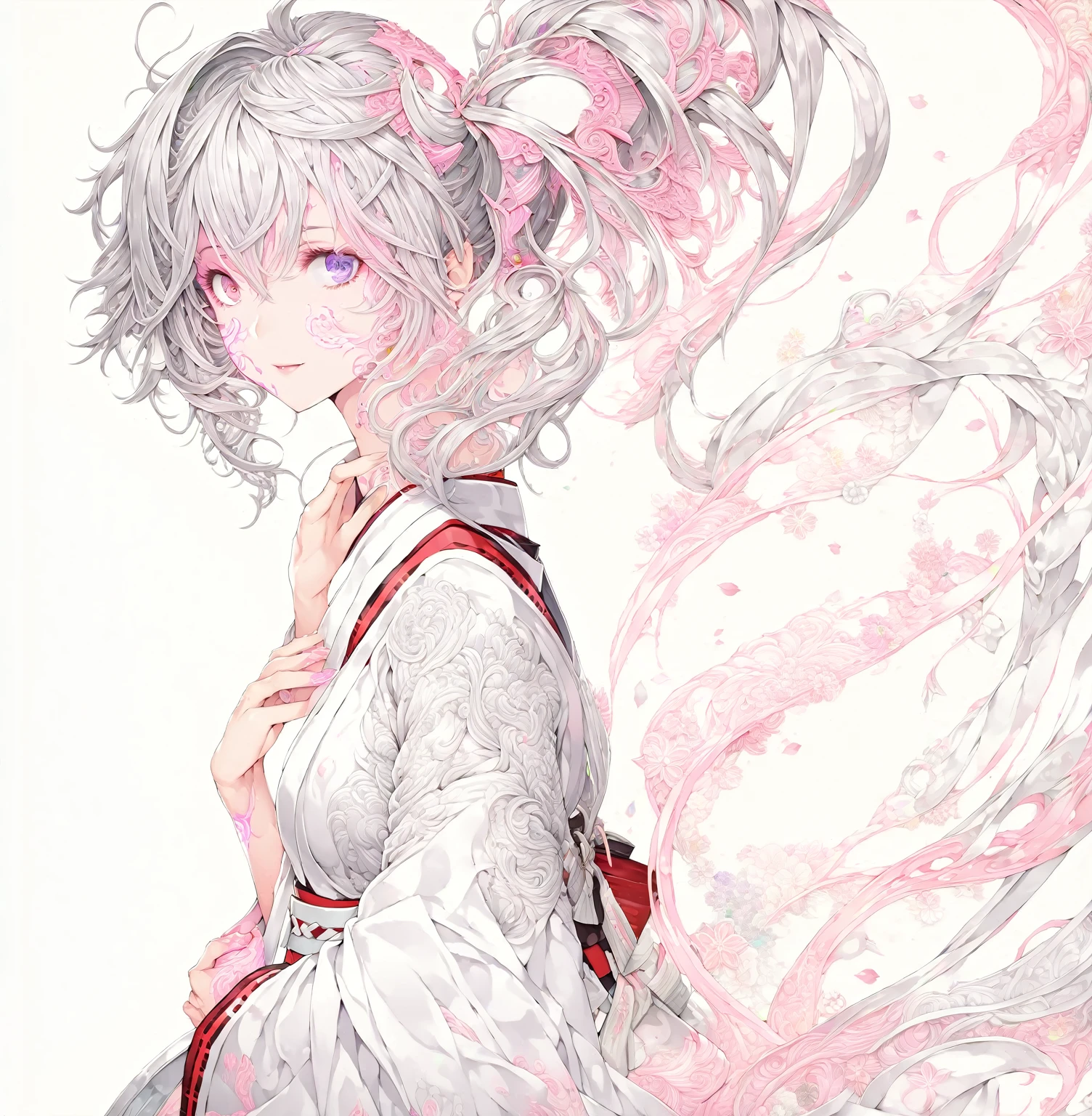 [(white background:1.4)::5],original,(illustration:1.1),(best quality),(masterpiece:1.1),(extremely detailed CG unity 8k wallpaper:1.1), (colorful:0.9),(mid shot:0.95),((highly detailed beautiful face and eyes)),(solo:1.2), (girl),(((adult))), (detailed beautiful eyes:1.15), (beautiful face:1.15), (glowing pink eyes:1.25////),(((silver medium hair))),(+perfect hand+:1.21),(Draw an illustration of japanese miko),(((side ponytail))),(Religious),(slender),(from side),(is wearing white kimono),(fantasy miko clothes),((beutiful slender girl with white kimono)),smile,(adult),side ponytail,