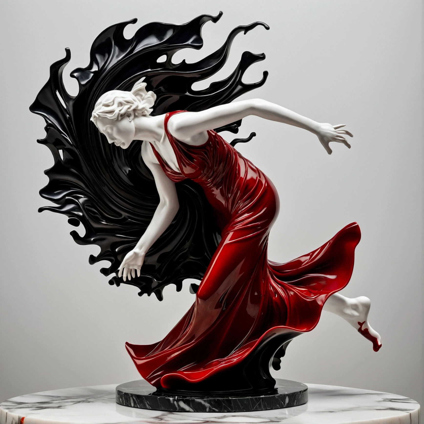 In a shocking contrast of elegance and turmoil, a broken Renaissance-style sculpture of a woman running is depicted in white marble slowly dissolving into black and red ferrofluid. This captivating image portrays a woman in agony, her features contorted in pain as the materials shift and blend. The high-quality photograph showcases the intricate details of the sculpture, from the delicate curves of her face to the flowing lines of her gown. The vibrant colors and striking imagery evoke a sense of deep emotion and artistic skill, drawing viewers into the gripping narrative of suffering and transformation.