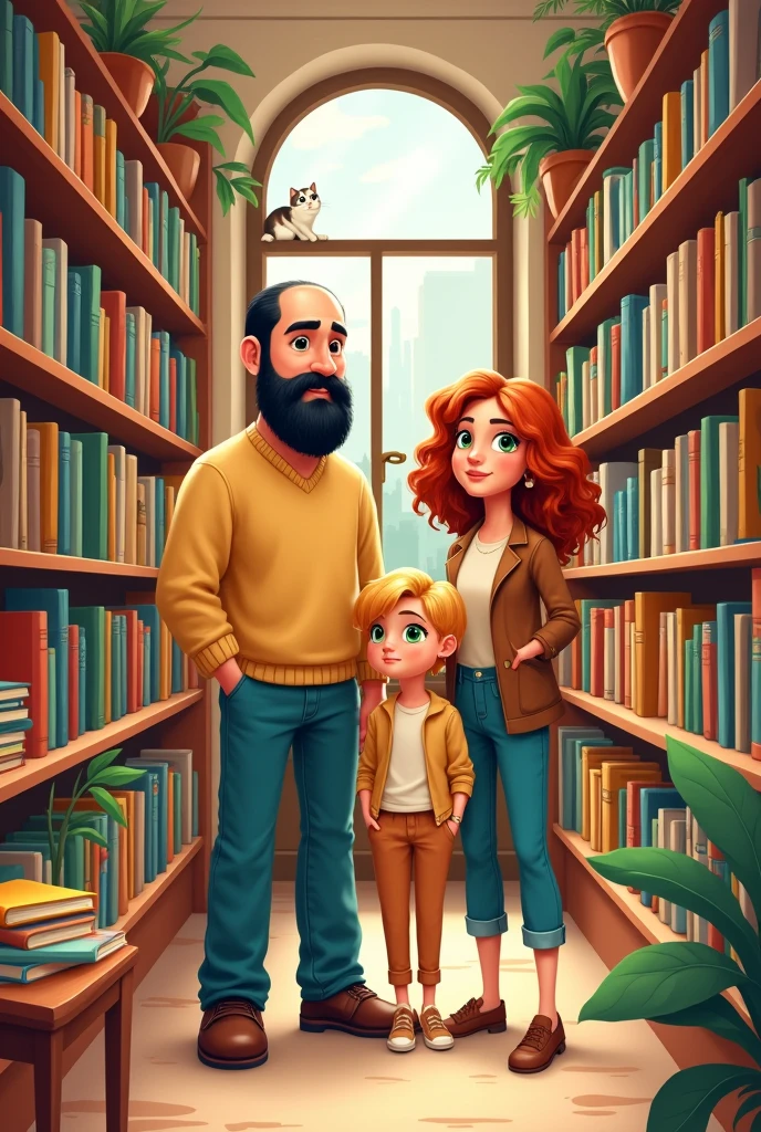 a family in a bookstore.
The father is tall, offwhite, calvo, sua barba é preta e Your eyes are green.
The mother is white, has auburn hair, smooth without bangs and is parted in the middle, Your eyes are green.
The daughter is already an adult woman, Caucasian skin, has green eyes and her hair is curly and blonde. 
sticker style illustration.