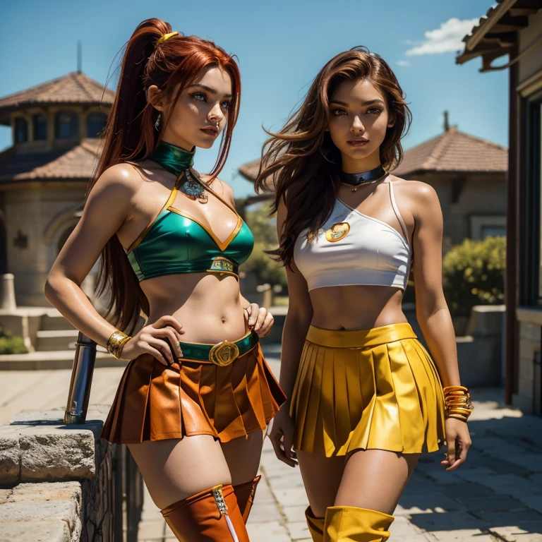 (masterpiece, best quality:1.5), highest quality, High resolution, super detailed, Realists, Full body photo of 18-year-old Starfire from Titans, detailed and beautiful green eyes, beautiful detailed lips, very detailed eyes and face, longeyelashes, additional eyebrows in the forehead area, Beautiful and colorful makeup, Fighting Pose, dark red hair, ponytail hairstyle, Orange peel, bright daylight, bright colors, fine brushstrokes, Portrait style, beautiful color palette, glowing skin, First-class rendering, that captures every detail, enchanting atmosphere, (perfect anatomy:1.2), (The two stunning Starfires wear a shiny top with shoulder plates., a short pleated skirt and over-the-knee boots.Animated series Teenans 2003, Starfire flies through the air, Your hands radiate energy. She radiates energy, panoramic view:1.2)