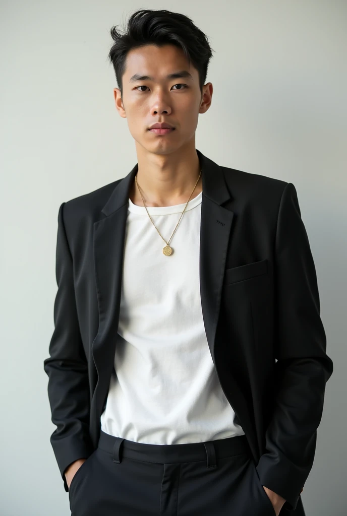 man Model Asian model wears a white ship neck shirt, wearing dark blazer, necklace wearing outside the shirt.