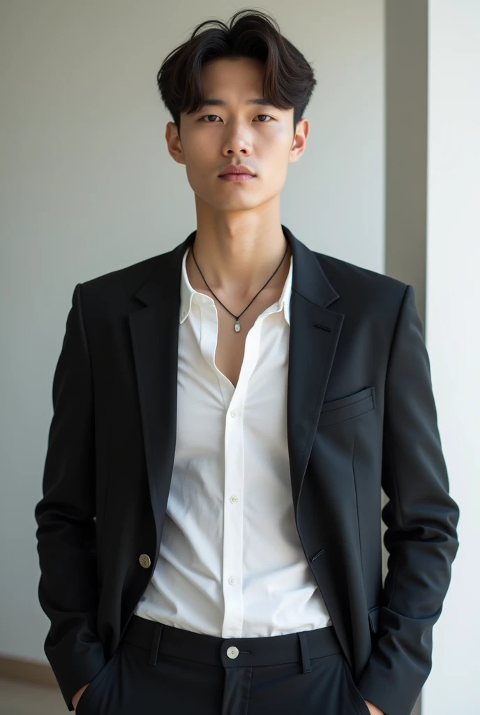man Model Asian model wears a white ship neck shirt, wearing dark blazer, necklace wearing outside the shirt.