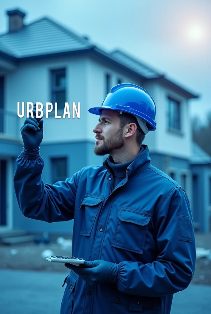 Engineer using blue PPE and writing in white letters "URBPLAN", showing that they have a calculator in their hand, in front of a house construction. Main colors of the image in blue tone.