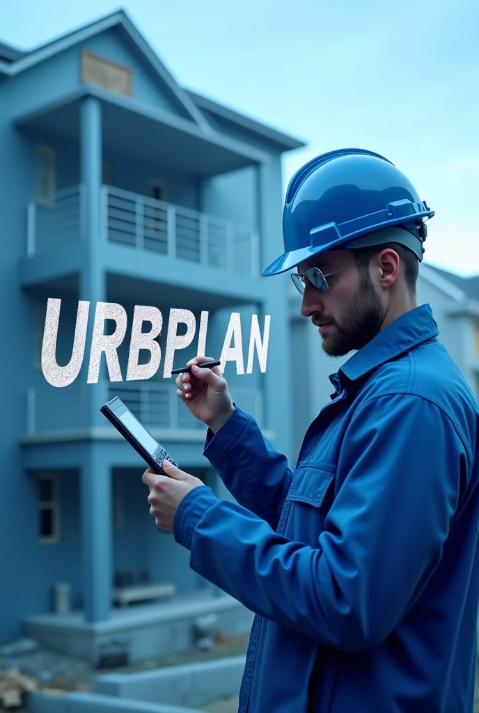 Engineer using blue PPE and writing in white letters "URBPLAN", showing that they have a calculator in their hand, in front of a house construction. Main colors of the image in blue tone.