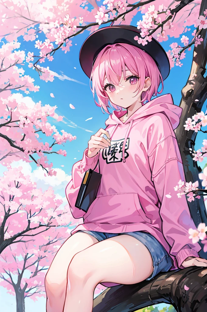 sitting under a cherry blossom tree reading a book、Pink short hair、wearing a pink hoodie and black pants、youth、man、、male
