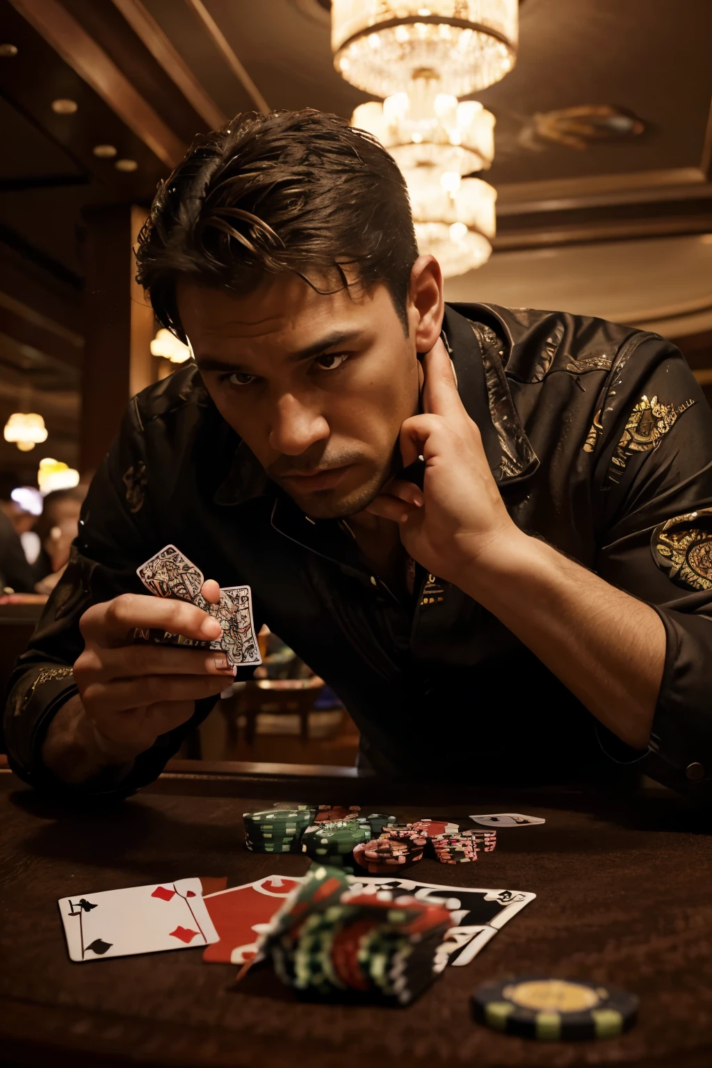 a man gambling on a table, detailed facial features, realistic, photorealistic, high quality, detailed clothing, dramatic lighting, intricate background, casino interior, gambling chips, cards, dice, intense expression, tension, dramatic colors, oil painting