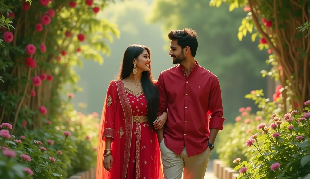 A 21 year old Indian girl she is wearing red colour suit salwar and she is going towards the garden and behind her she also has boyfriend when I am going hand in pocket and the girl is a little bit shy And she has boyfriend behind her too.hd realistic art image