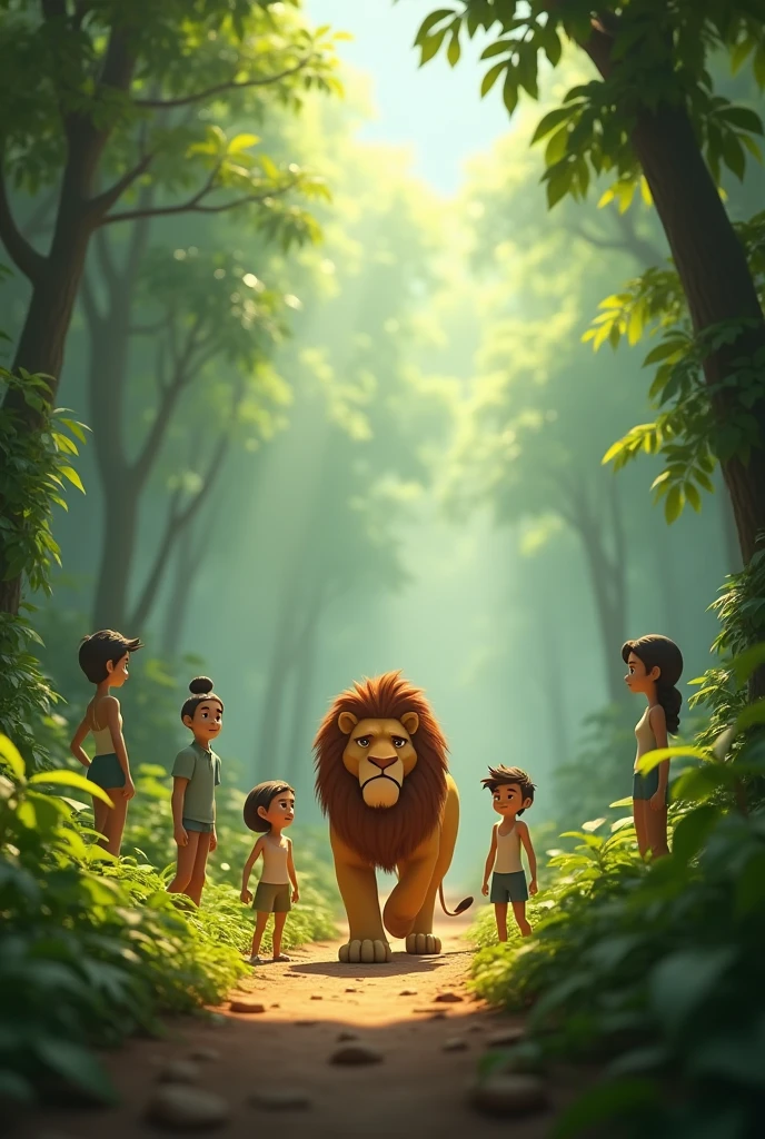 in 3d animation style ". **Lion Retreats**: The lion, looking defeated and tired, slowly walks away from the jungle, glancing back at the four friends who stand united, watching him leave.